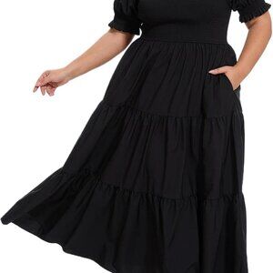 Women's Plus Size Maxi Dress Floral Smocked Short Puff Sleeves Summer